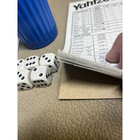 Yahtzee (Blue Dice Cup, 5 White Rounded Dice, Score Pad , & Instructions - Picture 3 of 6